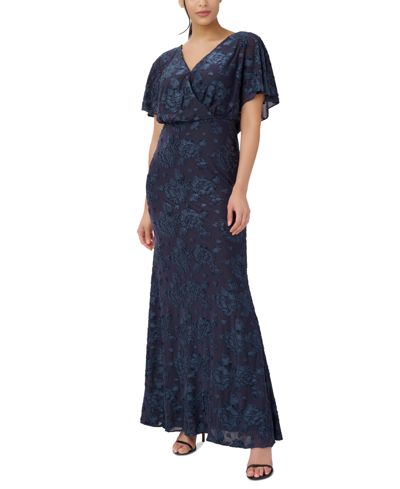 Shop Adrianna Papell Women's Burnout Velvet Flutter-sleeve Gown In Midnight