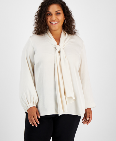 Shop Bar Iii Plus Size Tie Neck Long Sleeve Blouse, Created For Macy's In Bar White
