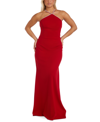 Shop Nightway Women's Embellished Ruched Halter Gown In Red