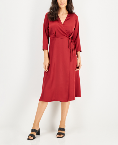 Shop Alfani Women's Elbow Sleeve Satin Surplice Dress, Created For Macy's In Red Burgundy