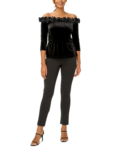 Shop Adrianna Papell Women's Velvet Ruffled Off-the-shoulder Top In Black