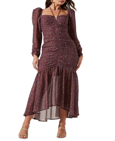 Shop Astr Women's Athena Ruched Long-sleeve Ruffle-trim Dress In Brown Purple Ditsy