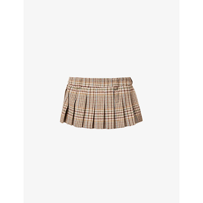 Shop Miu Miu Pleated Tartan-print Wool Mini Skirt In Cacao