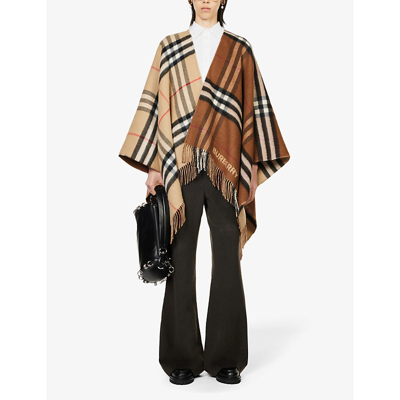 Shop Burberry Charlotte Check-print Wool-blend Cape In Beige/brown