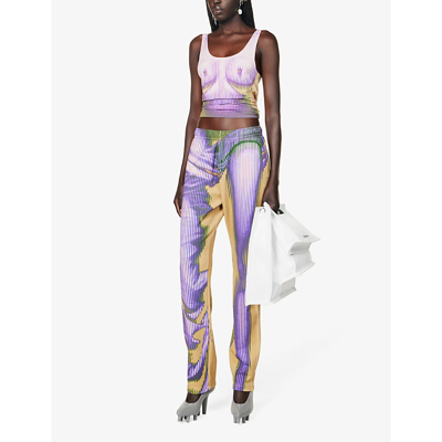 Shop Y/project X Jean Paul Gaultier Body Morph Graphic-print Cotton Jogging Bottoms In Purple  Yellow