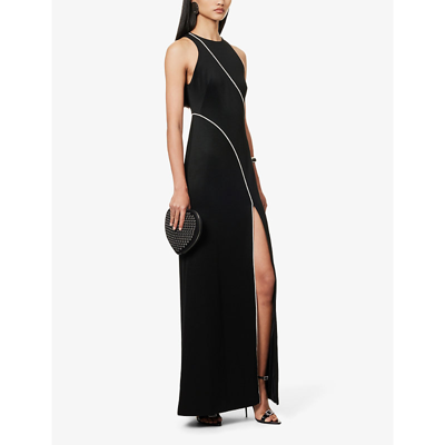 Shop Galvan Crystal Cord Split-hem Stretch-woven Maxi Dress In Black