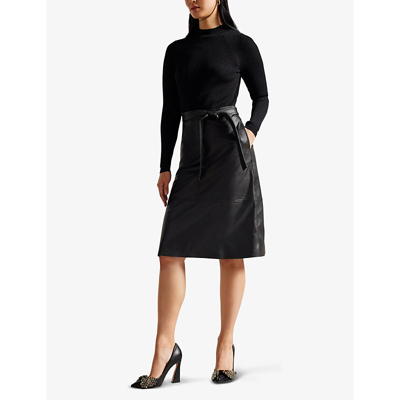 Shop Ted Baker Alltaa Knitted And Faux-leather Midi Dress In Black