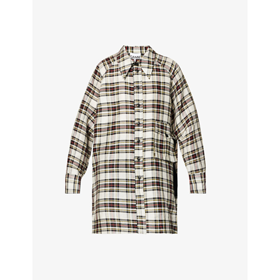 Shop Ganni Check-print Oversized Linen And Silk-blend Shirt In Check Egret