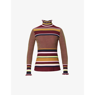 Shop Brøgger Olivia Striped Frilled-collar Stretch-knit Top In Fine Rib