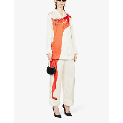 Shop Az Factory Abstract-print Wide-leg High-rise Recycled Polyester-blend Trousers In Red Ecru
