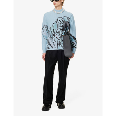 Shop Amiri X Wes Lang Secret Graphic-print Wool And Cashmere-blend Jumper In Light Blue