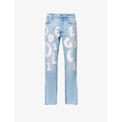 Shop Due Diligence Graphic-print Mid-rise Tapered-leg Jeans In Blue