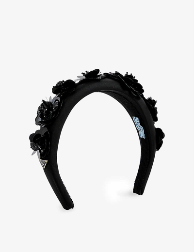 Prada Floral-embellished Recycled-polyamide Headband In Nero
