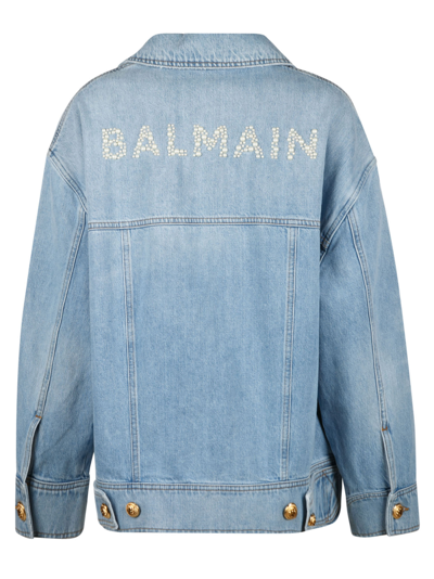 Shop Balmain Rear Logo Embellished Denim Jacket In 6fc