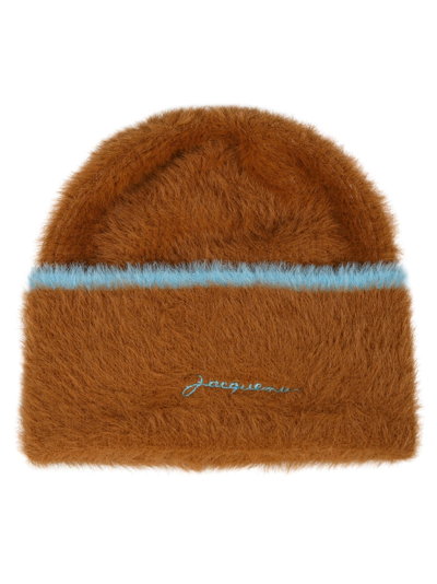 Shop Jacquemus Fur Applique Beanie In Brown