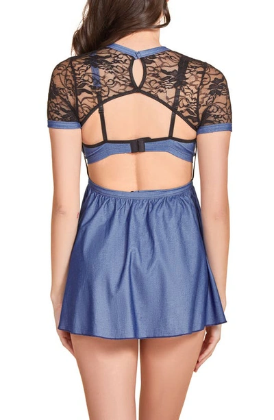 Shop Hauty Lace Micro Denim Wireless Bra & Cutout Babydoll Chemise In Blue