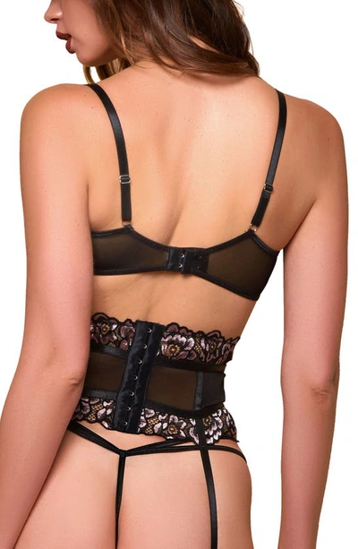 Hauty Floral Embroidered Mesh Bra, Thong & Garter Belt In Fuchsia-black