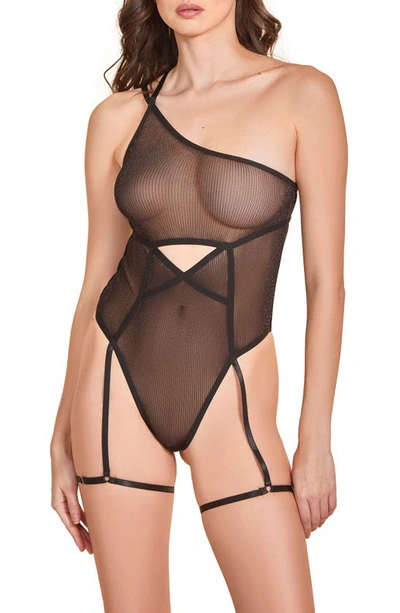 Shop Hauty Asymmetric Striped Teddy With Garters In Black