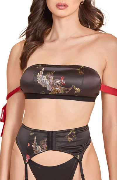 Shop Hauty Printed Satin Bandeau Bra, Garter Belt & Thong In Red-black