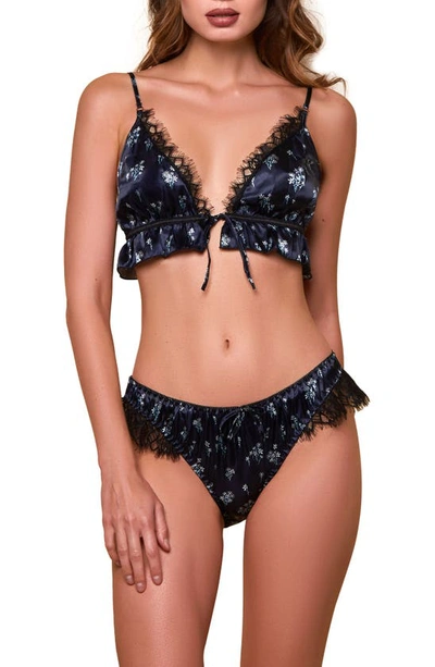 Shop Hauty Floral Print Satin Tie Front Bralette & Panties In Navy-blue