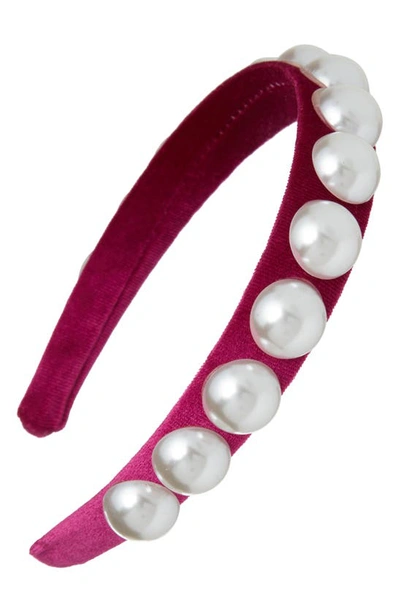 Shop Tasha Imitation Pearl Velvet Headband In Raspberry Ivory