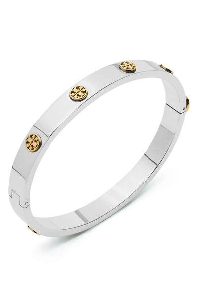 Shop Tory Burch Miller Hinge Bracelet In Tory Silver / Tory Gold