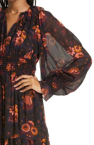 Shop Ulla Johnson Adara Floral Long Sleeve Silk Dress In Valerian