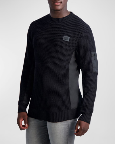 Shop Karl Lagerfeld Men's Waffle Fabric Block Crew Sweater In Black