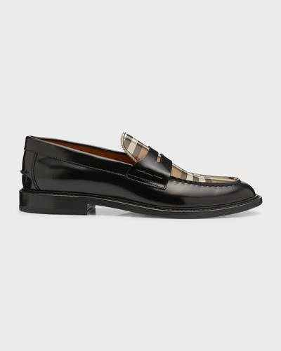 Shop Burberry Men's Vintage Check Leather Penny Loafers In Black