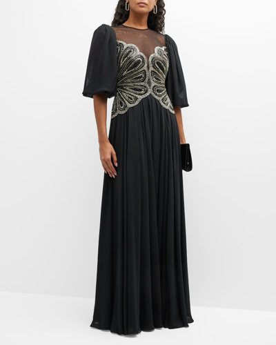 Shop Basix Beaded Puff-sleeve A-line Gown In Black
