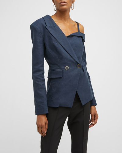 Shop Veronica Beard Mazur One-shoulder Linen Jacket In Navy