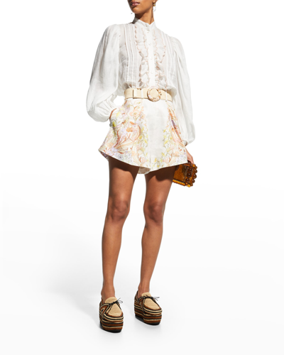 Shop Zimmermann Jeannie Floral Wide-leg Flowy Belted Shorts In Floral Swirl