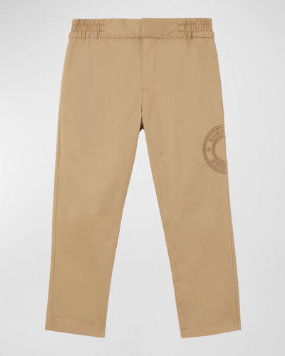 Shop Burberry Boy's Romeo Embroidered Logo Chino Trousers In Archive Beige