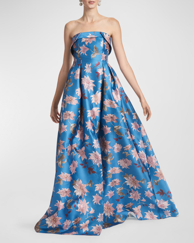 Shop Sachin & Babi Brielle Pleated Strapless Floral-print Gown In Slate Dal Multi