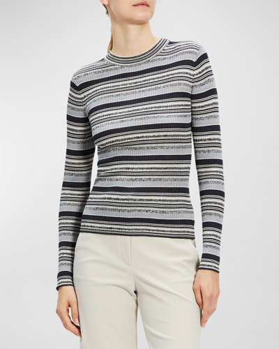 Shop Theory Stripe Rib-knit Washable Silk Pullover In Denim Mel Multi