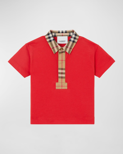 Shop Burberry Boy's Johane Micro Check Polo Shirt In Bright Red