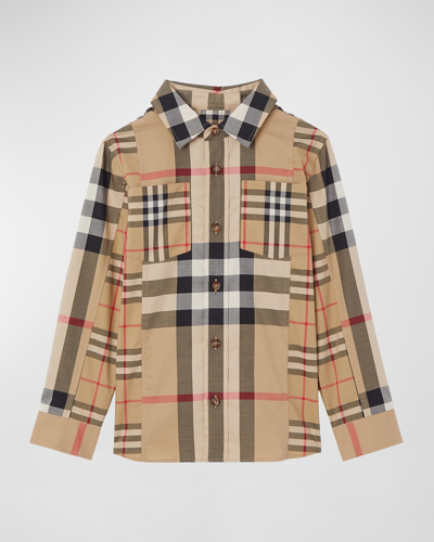 Shop Burberry Boy's Tristan Mixed Check-print Button Down Shirt In Archive Beige Ip