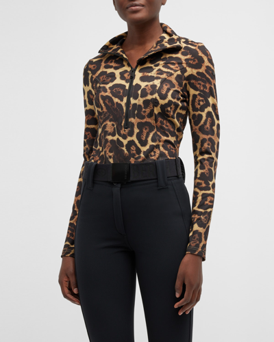 Shop Goldbergh Leona Leopard Print Half-zip Pullover In Jaguar