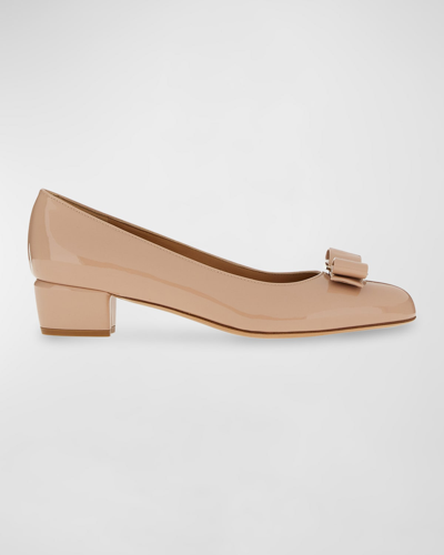 Shop Ferragamo Vara Bow Leather Low Pumps In Amaretti