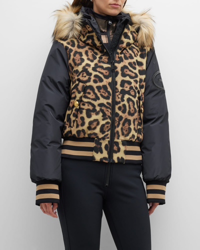 Shop Goldbergh Kitty Printed Bomber Coat W/ Faux Fur Trim In Jaguar