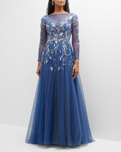 Shop Basix Floral Beaded Sequin A-line Gown In Blue