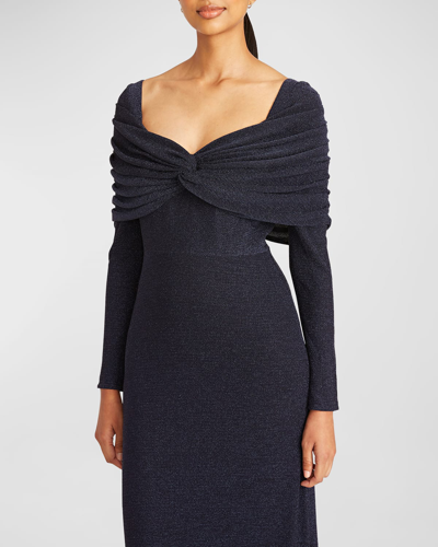 Shop Theia Edna Twist-front Shimmer Column Gown In Nautical Navy