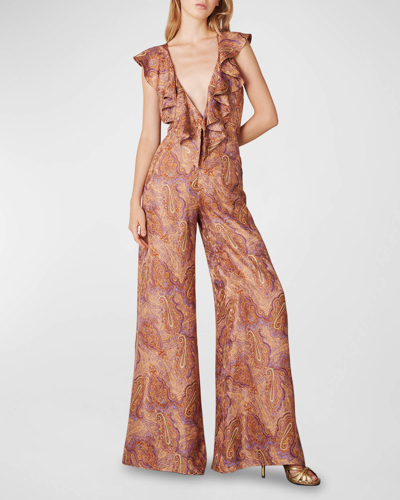 Shop Adriana Iglesias Dina Plunging Ruffle Paisley-print Wide-leg Jumpsuit In Brown Paisley