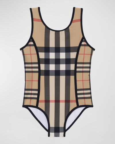Shop Burberry Girl's Nigella Mixed Check Swimsuit In Archive Beige Ip