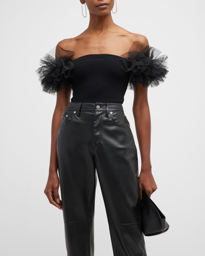 Shop Autumn Cashmere Ruffle-sleeve Off-shoulder Top In Blackblack