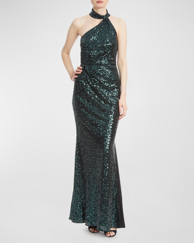 Shop Badgley Mischka Asymmetric Sequin Halter Gown In Emerald