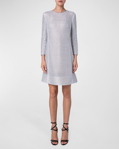 Shop Akris Metallic Crochet Embroidered A-line Mini Dress In Silver Ecru