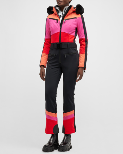 Shop Goldbergh Pearl Colorblock Ski Suit With Faux Fur Ruff In Salmon