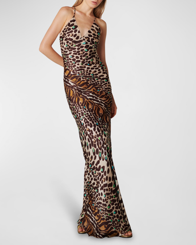 Shop Adriana Iglesias Estela Cheetah-print Backless Silk Maxi Dress In Brown Nude Animal