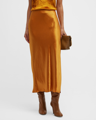 Shop Vince Side-slit Satin Slip Skirt In Gold Sap